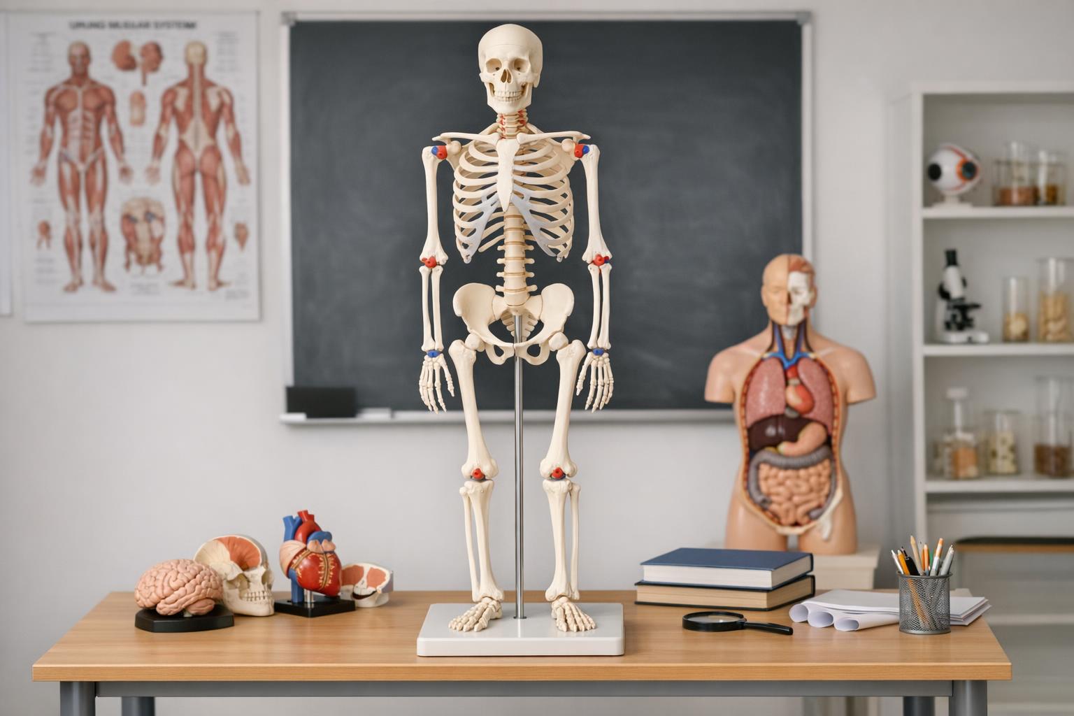 dydaktyczny model szkieletu człowieka stojący na stoliku edukacyjnym.jpg