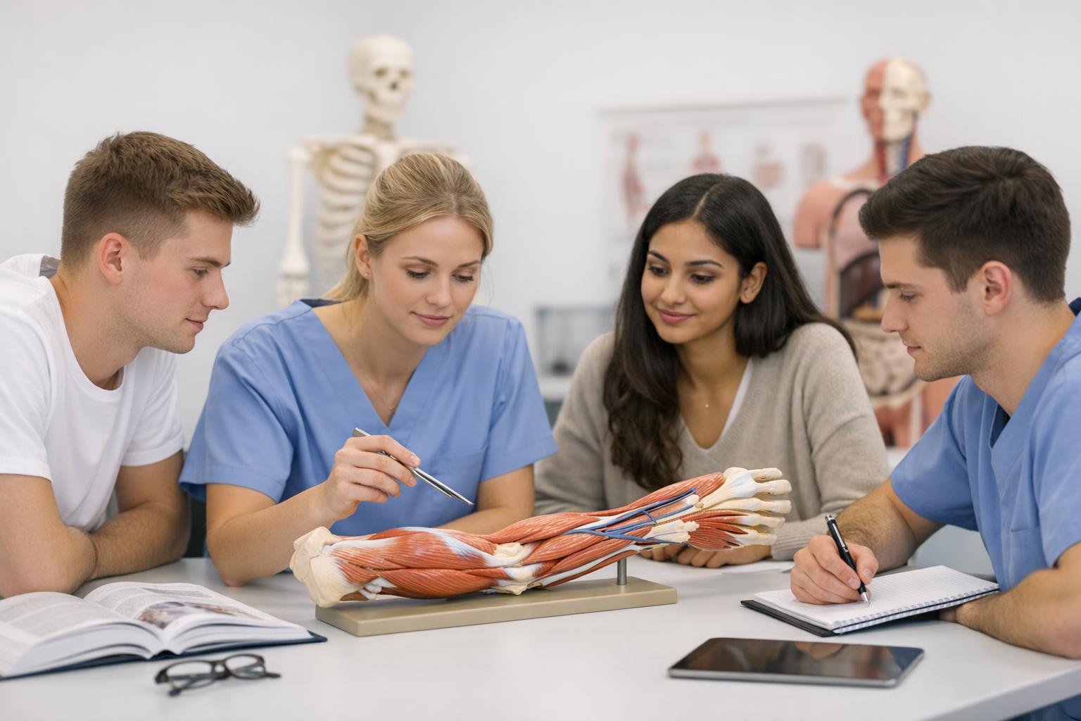 Zdjęcie: grupa studentów ćwiczących na modelu anatomicznym kończyny