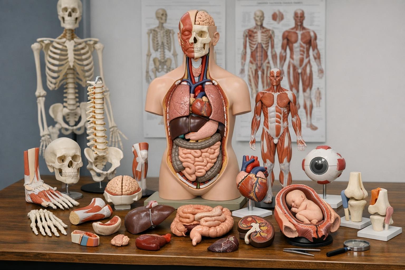 zdjęcie stołu przedmiotowego z modelami anatomicznymi